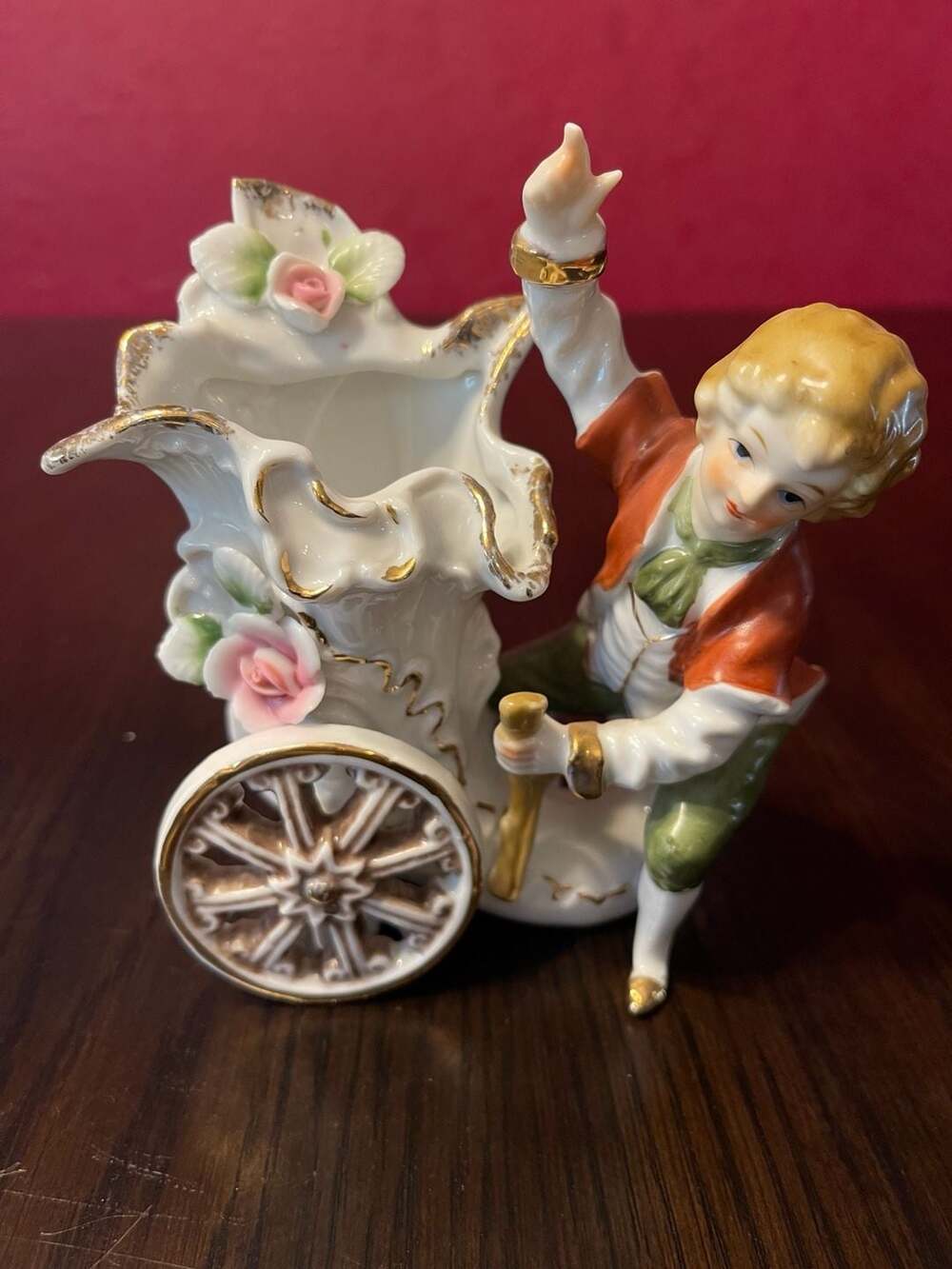 Vintage Porcelain Victorian Boy with Floral Cart Bud Vase Made in Japan